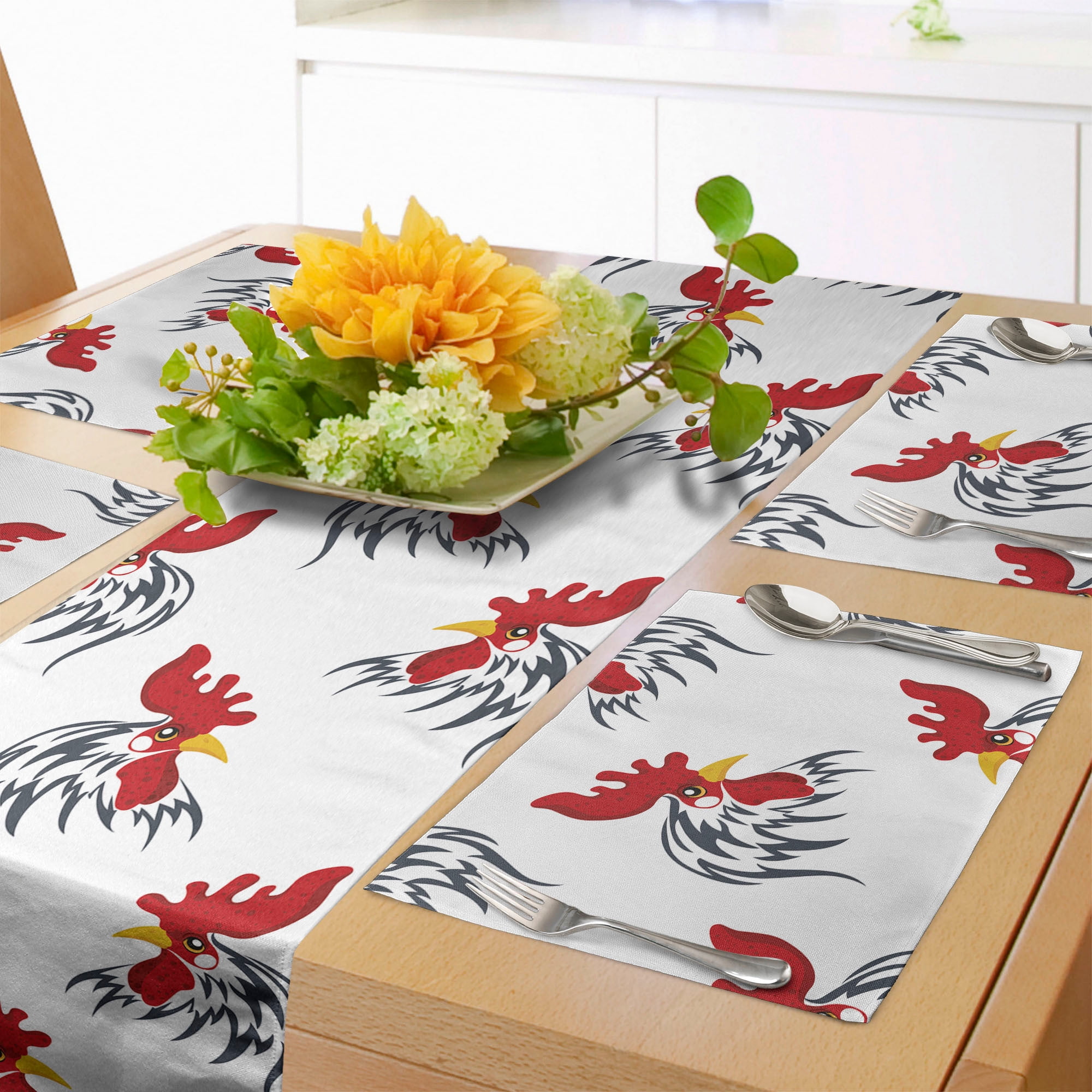 Rooster Table Runner & Placemats, Repetitive Symbol Image of Farm