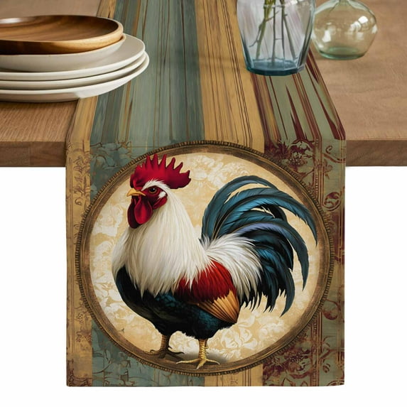 Rooster Table Runner, Vintage Rustic Farmhouse Style Oil Painting Washable Cotton Linen Table Runners 36 Inches Long, Dresser Scarf Runner for Nightstand/End Tables/Round Tables 13''x36''