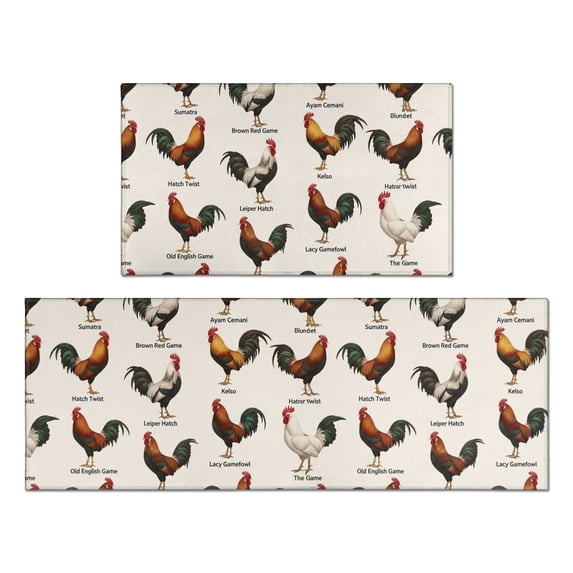 Rooster and Text Cream Pattern Anti Fatigue Kitchen Rugs Set Of 2, Non Slip Washable Decorative Floor Mats for Kitchen Sink Laundry, 17"x30" and 17"x47"