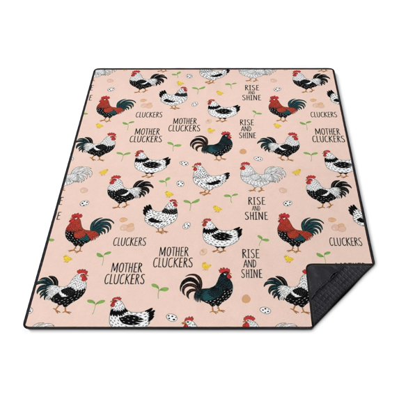 Food Pattern Text Rooster and Text Pink Pattern Waterproof Picnic Blanket, 3-Layer ...