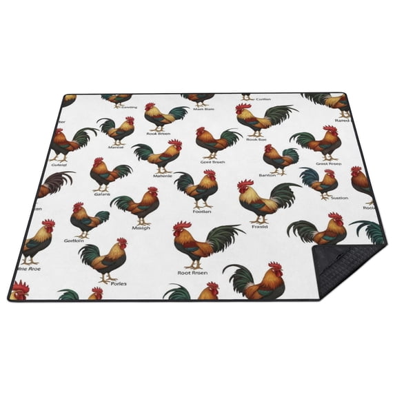 Food Pattern Text Rooster and Text White Pattern Waterproof Picnic Blanket, 3-Layer ...