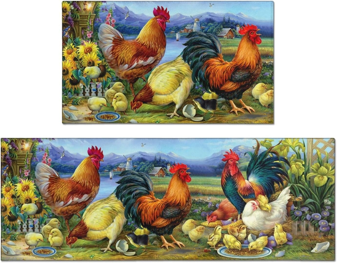 Rooster Theme Kitchen Rug 2 Piece Set, Farmhouse Sunflower Kitchen Decor Floor Mat, Absorbent and Non-Slip Washable Chicken Runner Rug 17"x47"+17"x30" (Rooster 5, 17"x47"+17"x30")