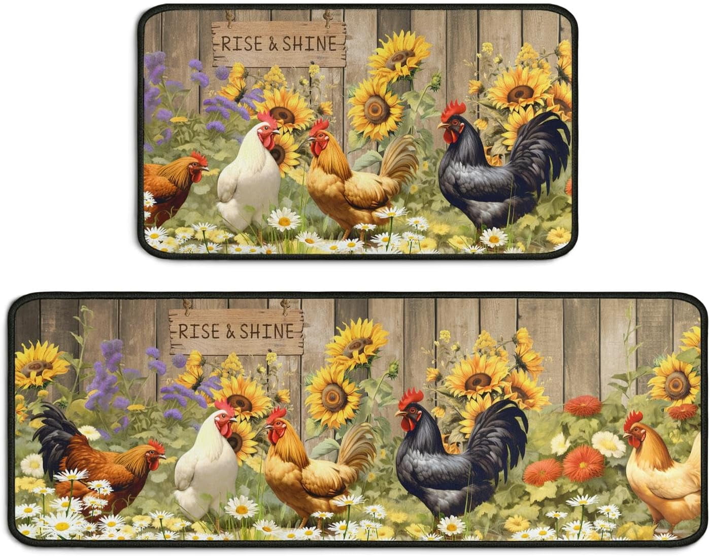 Rooster Theme Kitchen Rug 2 Piece Set, Farmhouse Sunflower Kitchen Decor Floor Mat, Absorbent and Non-Slip Washable Chicken Runner Rug 17"x47"+17"x30" (Rooster 6, 17"x47"+17"x30")