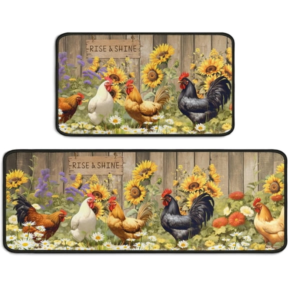Rooster Theme Kitchen Rug 2 Piece Set, Farmhouse Sunflower Kitchen Decor Floor Mat, Absorbent and Non-Slip Washable Chicken Runner Rug 17"x47"+17"x30" (Rooster 6, 17"x47"+17"x30")