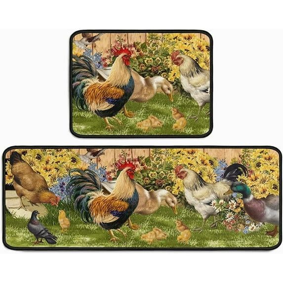 Rooster Theme Kitchen Rugs 2 Piece Set Farmhouse Decor Kitchen Floor Mat, Water Absorb Microfiber Kitchen Rug, Rooster Sunflower Decorations for Kitchen mats 17"x 47"+17" x 23"(Duck)