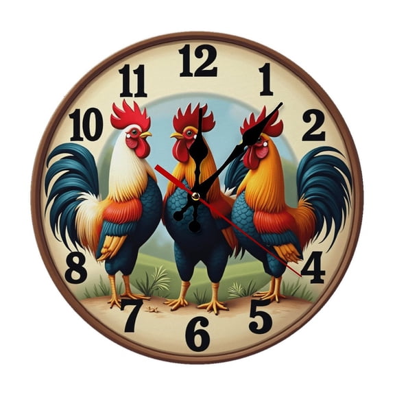 Rooster Three Standing Wall Clock 10 Inch Silent Non Ticking Round Clock Decoration for Living Room Kitchen Bedroom Bathroom Office Classroom