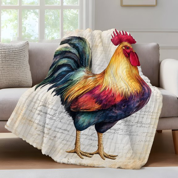 Rooster Throw Blanket for Couch Retro Chicken Farm Animal Rustic Country Soft and Warm Flannel 3D Striped Fluffy Fuzzy Fleece Blanket Lightweight Throw for Bed, Sofa 60 x 80 Inches