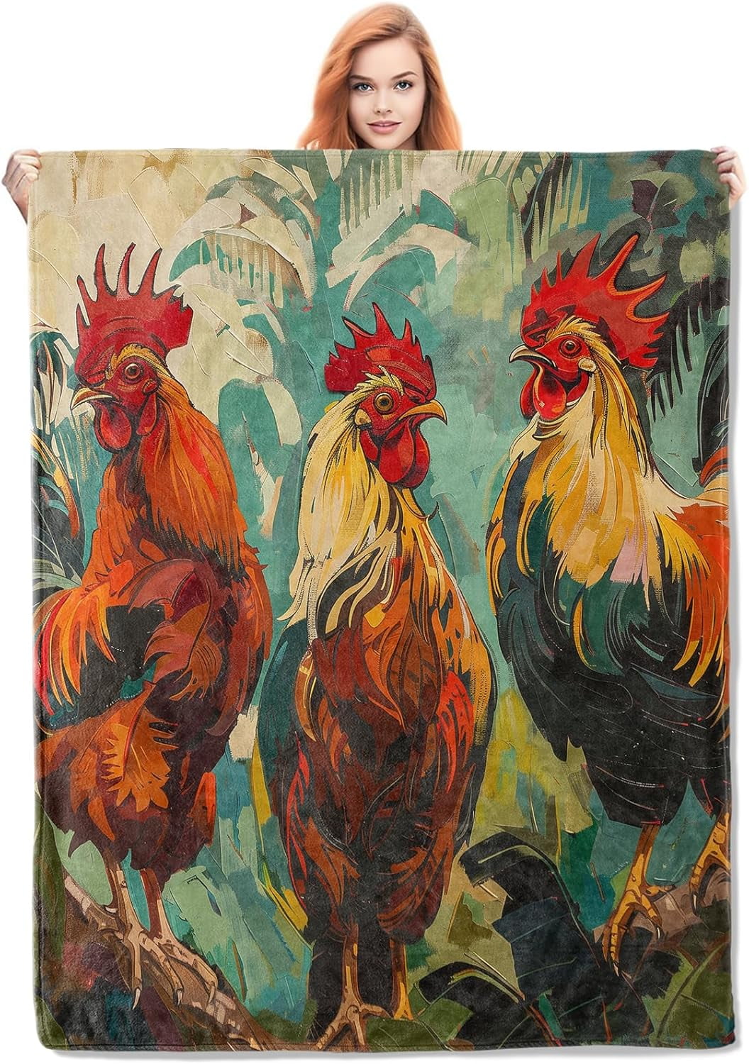 Rooster Throw Blanket Gifts, Soft Cozy Fleece Blanket with Colorful Farmhouse Chicken Print, Lightweight Warm Blanket for Couch Bed Sofa, Perfect for Country Decor and Bird Lovers, 50x60 in