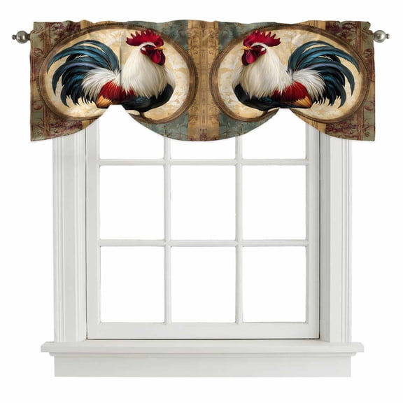 Rooster Tie Up Valance Curtains for Windows, Kitchen Curtains Window Shades, Vintage Rustic Farmhouse Style Oil Painting Light Filtering Roman Curtain Valances for Bedroom/Bathroom/Cafe 42"x12"