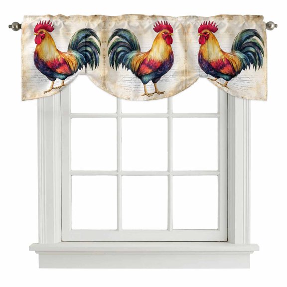 Rooster Tie Up Window Valance Retro Chicken Farm Animal Rustic Country Tie-up Valance for Kitchen Windows Adjustable Small Curtain Balloon Shades for Kitchen Bathroom Cafe 42x12inch