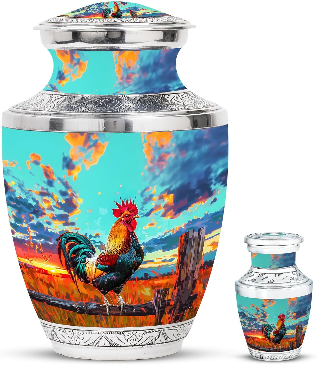 Rooster Urn - Decorative Urns for Human Ashes - Urn for Moms Ashes & Dad - Funeral Cremation Urns for Ashes - Human Urns for Ashes - Keepsake urns for Ashes Small (Combo - 10" & 3", 2 Pcs)