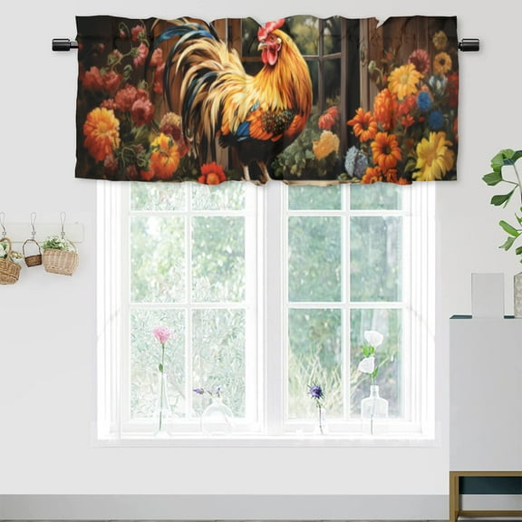 Rooster Valance Rod Pocket Window Curtain for Kitchen Rustic Farmhouse Chicken Farm Wooden Barn Window Flowers Window Treatment Valance Curtains for Bathroom 54 by 18 in, 1 Panel
