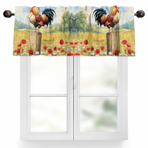 Rooster Valances for Windows, 42 x 12in, Wildflowers Vintage Flowers Farm Watercolor Rod Pocket Kitchen Valance Curtain Light Filtering Window Treatments for Living Room Bedroom, 1 Panel