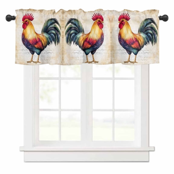 Rooster Valances for Windows Retro Chicken Farm Animal Rustic Country Rod Pocket Curtain Valance Window Treatment Short Curtains for Kitchen Living Room, 42"x12"