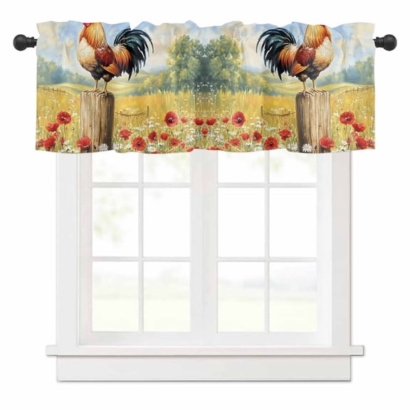 Rooster Valances for Windows Wildflowers Vintage Flowers Farm Watercolor Rod Pocket Curtain Valance Window Treatment Short Curtains for Kitchen Living Room, 54"x18"