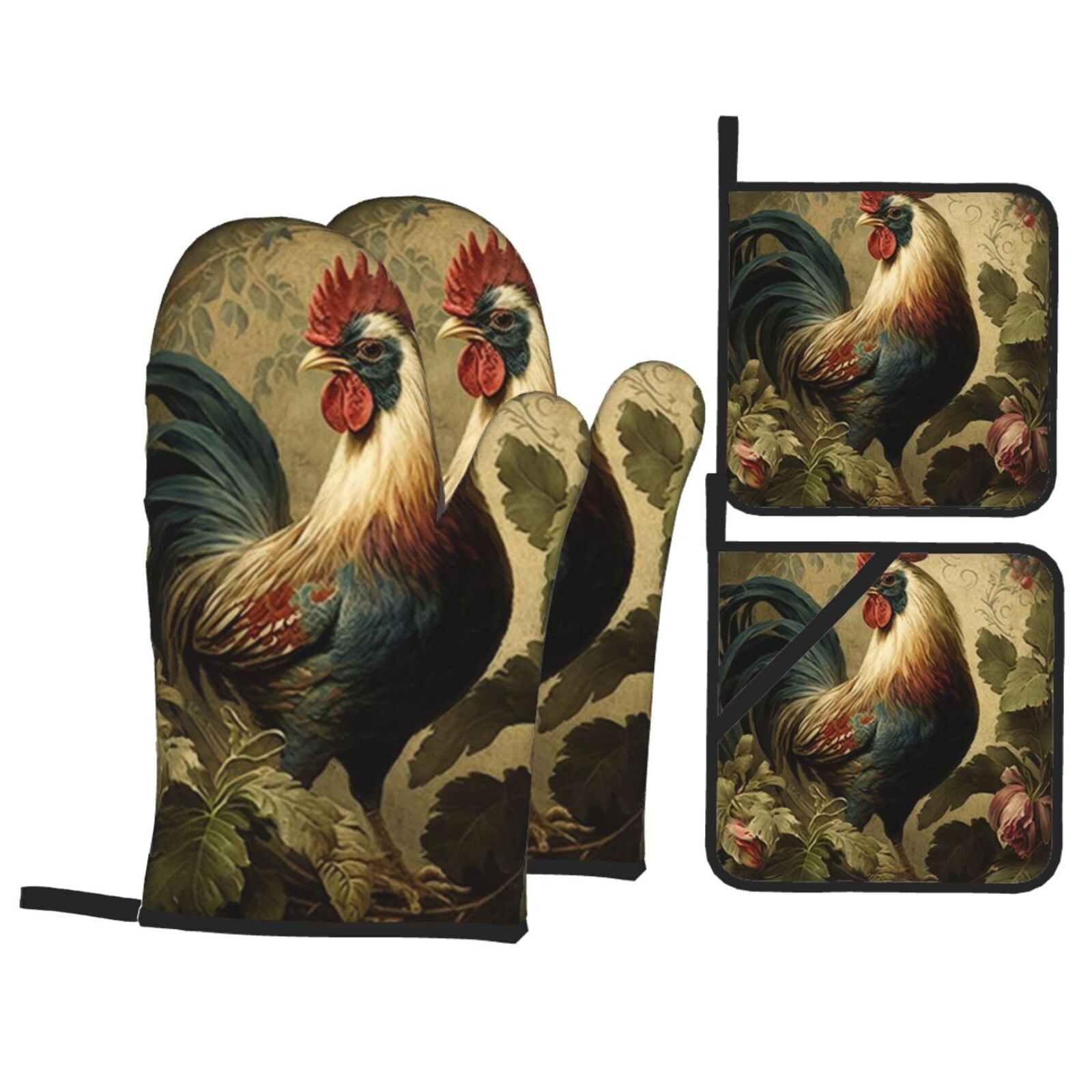 Rooster Vintage Art 4Pcs Oven Mitts and Pot Holders Sets Oven Kitchen Gloves Hot Pads for Cooking BBQ Baking Grilling
