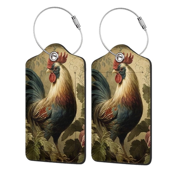 Rooster Vintage Art Luggage Tag for Suitcase 2 Pack Leather Travel Bag Baggage Identifiers Privacy Cover ID Label