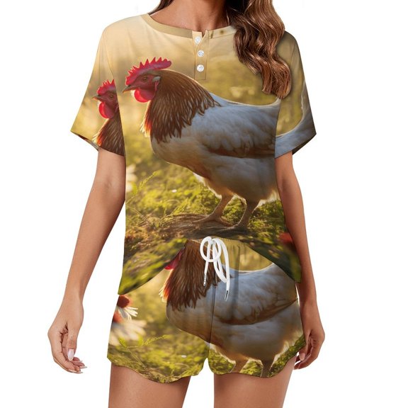 Rooster Vintage Barn Colorful Flowers 2 Pack Women’s Pajama Set Print Sleepwear And Shorts Y2k Loungewear Sets S-5XL