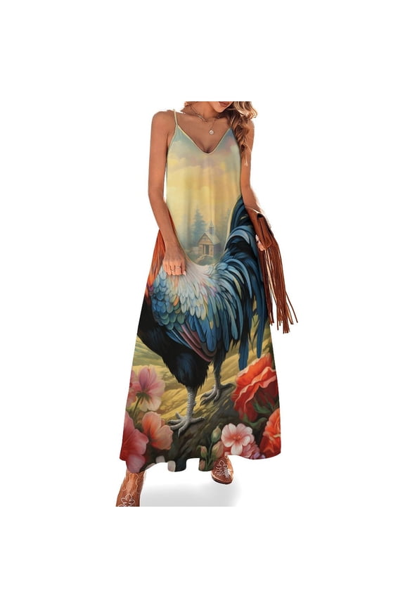 Rooster Vintage Barn Colorful Flowers Design Sleeveless Dress Woman Fashion Long Dresses Women's Summer Suit Dress 2025