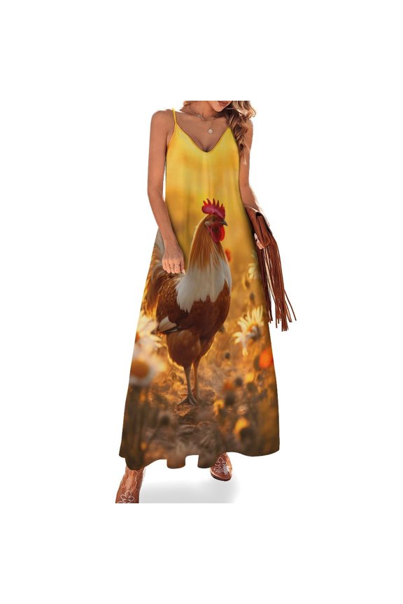 Rooster Vintage Barn Colorful Flowers Fine Art Sleeveless Dress Summer Dress Woman 2025
