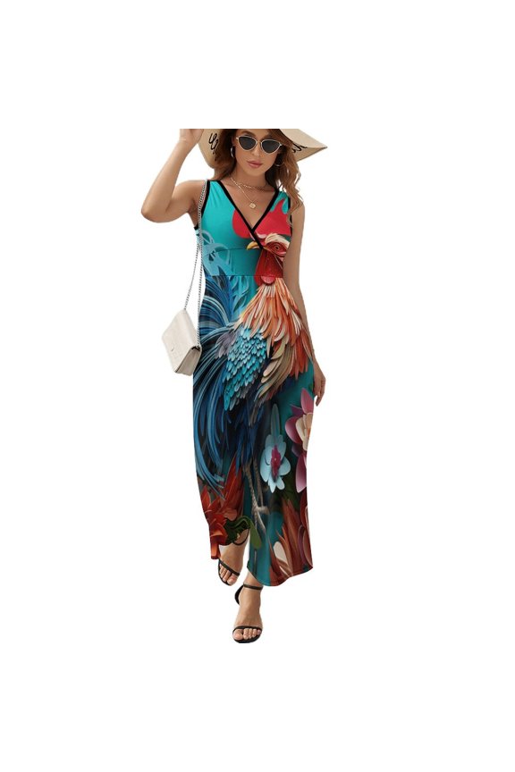 Rooster Vintage Barn Colorful Flowers King Size Sleeveless Dress Dresses Summer Women Dresses Clothing Woman Dresses Dress