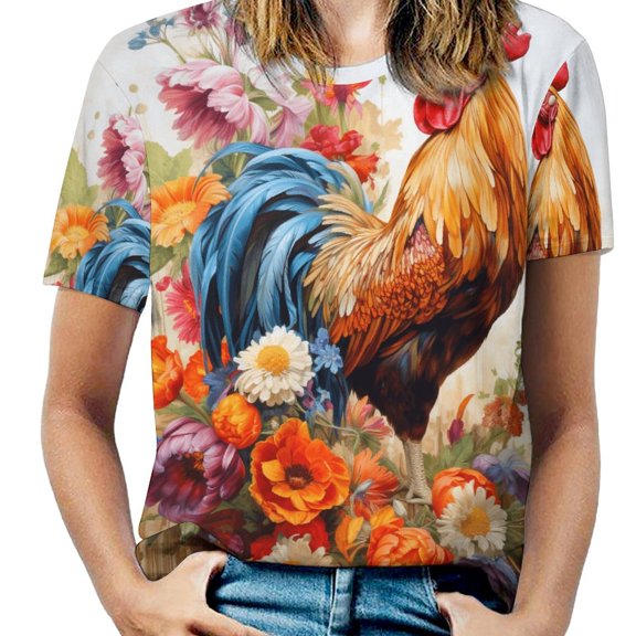 Rooster Vintage Barn Colorful Flowers Women's Short Sleeve Tops Casual Blouses T Shirt