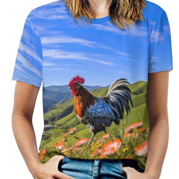 Rooster Vintage Barn Colorful Flowers Women's T-Shirt Short Sleeve T Shirts Tops Tee Ladies Loose T