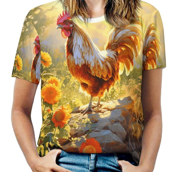 Rooster Vintage Barn Colorful Flowers Womens Tops Women's Fashion Casual Short Sleeve Flower Print Round Neck Pullover Top Blouse
