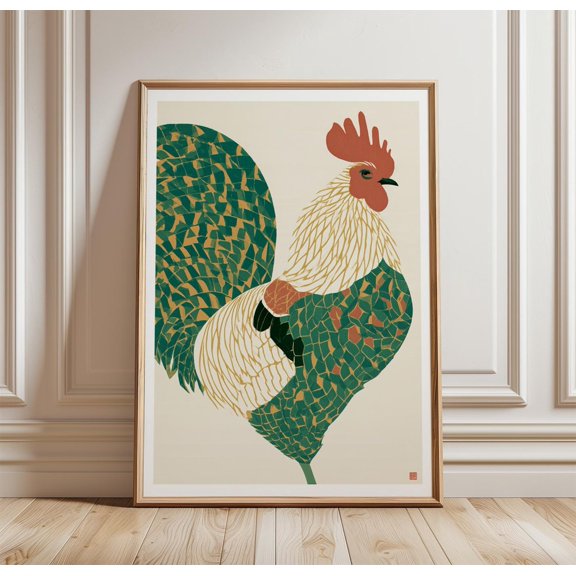 Rooster Wall Art Green Folk Animal Poster Rustic Farmhouse Print