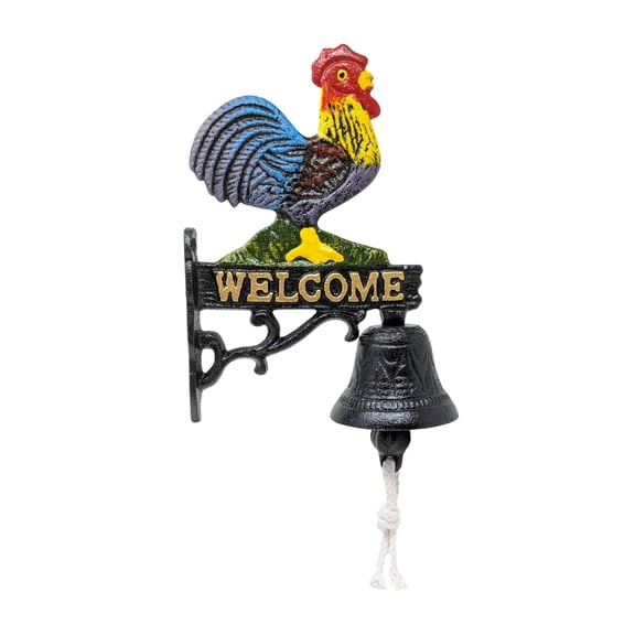 Rooster Wall Bell with Welcome Sign - Cast Iron Farmhouse Decor for Front Door, Porch, Patio or Garden-Rustic Dinner Bell with Rope Pull for Home Vibrant Home & Garden Decor Accent Unique Gift Idea