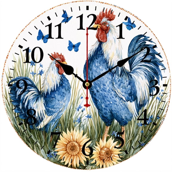Rooster Wall Clock 9.84 Inch, Farmhouse Chicken Kitchen Decor, Battery Operated Analog Clock, Easy to Read for Living Room Dining Room