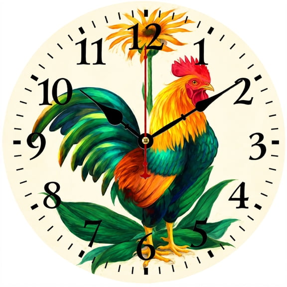 Rooster Wall Clock 9.84 Inch, Farmhouse Kitchen Wall Decor, Rustic Country Farm Animal Clock with Sunflower Design, Battery Operated Round Analog Clock