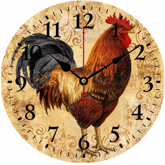 Rooster Wall Clock 9.84 Inch, Farmhouse Kitchen Wall Decor, Rustic Country Round Analog Clock, Battery Operated Decorative Clock for Living Room, Bedroom, Dining Room