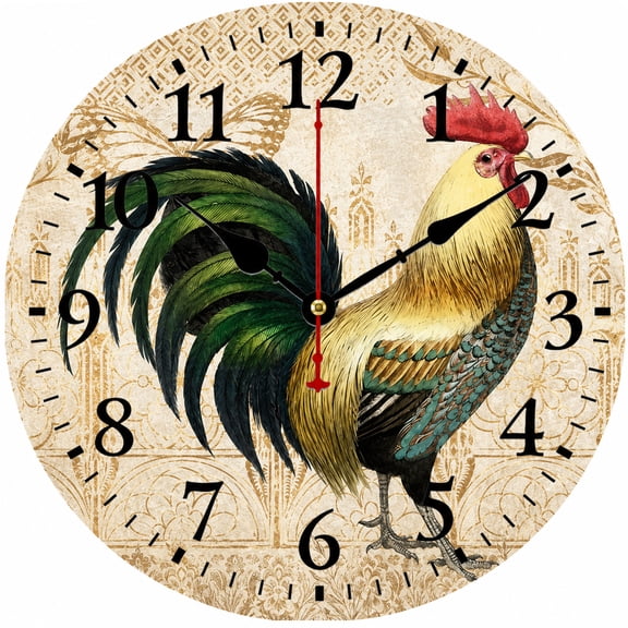 Rooster Wall Clock 9.84 Inch, Farmhouse Kitchen Wall Decor, Vintage Rustic Chicken Clock Battery Operated Analog Clock for Living Room Bedroom Dining Room Home Decor