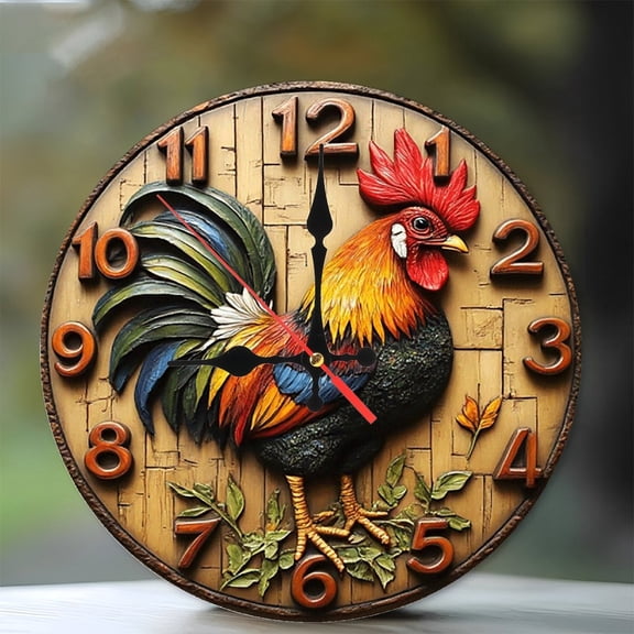 Rooster Wall Clock Farmhouse Decor Rustic Style 10-Inch Silent Wooden Wall Clock, Battery Operated (AA Batteries Not Included), Artistic Home Decor