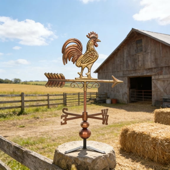 Rooster Weather Vane 28.7in Outdoor Metal Powder Coated 360Degrees Rotation Rustic Farmhouse Decorative Wind Direction Indicator Garden Roof Gazebo Barn Red Brown Ornamental Sculpture Rustproof Yard