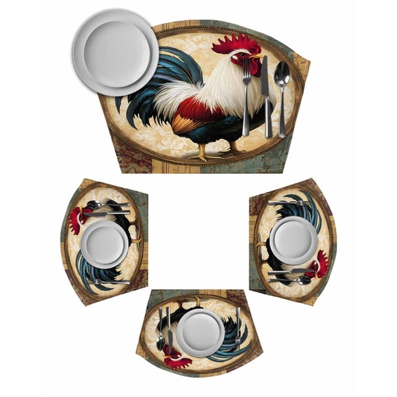 Rooster Wedge Shaped Placemats Set of 2, Cotton Linen Fan Place Mats, Vintage Rustic Farmhouse Style Oil Painting Washable Table Mats for Holiday Wedding Party Dinning Coffee Tables 11.8"x17.5"