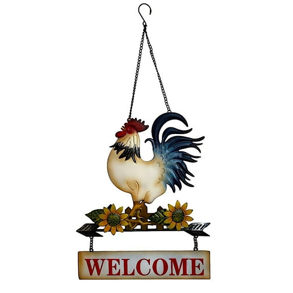 Rooster Welcome Sign Wreath Metal Rustic Art Sculpture Room Door Wall Farmhouse Country Colorful Hanging Decor 27" x 15"