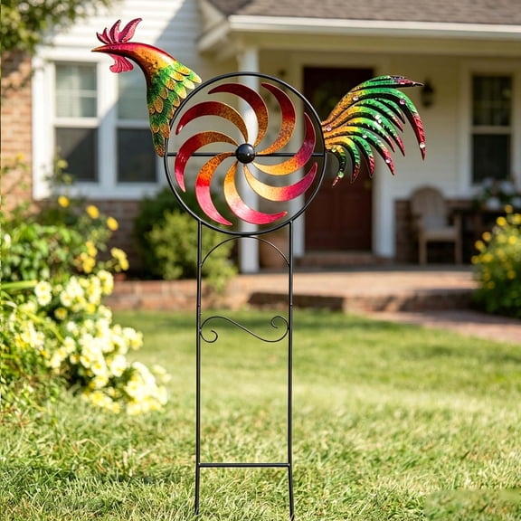 Rooster Windmill, Metal Garden Stake Yard Decor, Outdoor Iron Handicraft Ground Plug with Rotating Blades, Waterproof Rust Proof