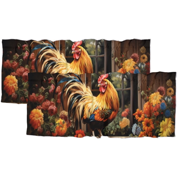Rooster Window Curtains Valances Rustic Farmhouse Chicken Farm Wooden Barn Window Flowers Window Valance for Living Room Bedroom, Kitchen Valance Rod Pocket Window Decor Curtain 54 by 18 in, 2 Panel