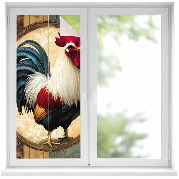 Rooster Window Privacy Film, Vintage Rustic Farmhouse Style Oil Painting Static Cling UV Sun Blocking Heat Control Window Tint Day and Night, Non-Adhesive One Way Windows Privacy Cover 19.6''x39.3''