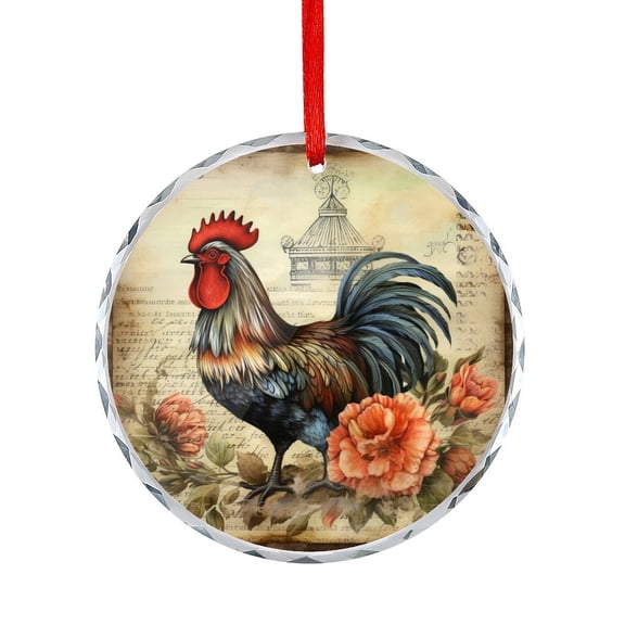Rooster With Flowers Crystal Glass Ornament Unique Gift Idea Vintage Rooster Farmhouse Style Round Glass Christmas Ornaments