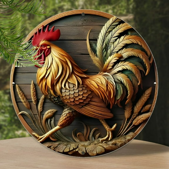 "Rooster Wreath Sign 7.8"" - Round Metal Farmhouse Wall Decor, Intricate Plaque - For Home & Garden Decor - Indoor & Outdoor Use - Perfect Gift for Housewarming & Holiday"