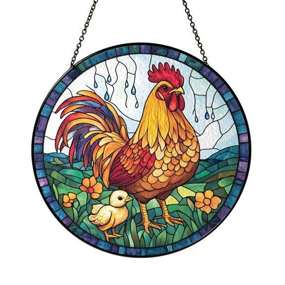 Rooster and Baby Chick Stained Glass Window Decor, Rustic Farm Art Hanging for Inviting Home Interiors