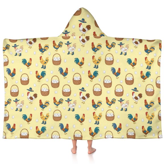 Rooster and Basket Cream Pattern Hooded Bath Towel Wrap for Teens Ages 3 To 12, Soft Lightweight Quick Dry Microfiber Bath Beach Pool, 60"x35"