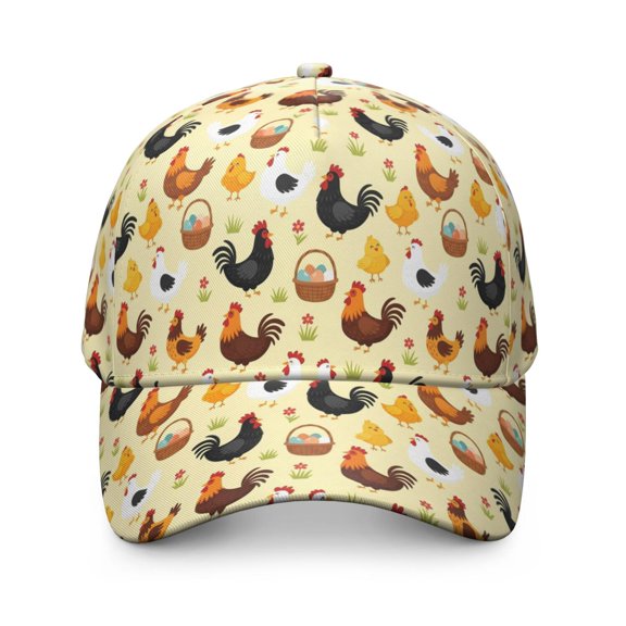 Rooster and Basket Yellow Pattern Baseball Cap, Casual Daily Hat with Snap Closure & Sweatband, Breathable Eyelets Gifts for Unisex Men Women