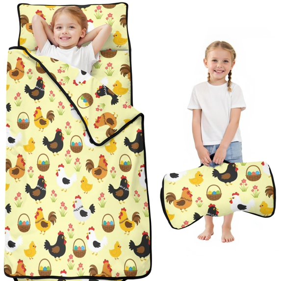 Rooster and Basket Yellow Pattern Teens Toddler Nap Mat with Pillow, Sleeping Mat Bag for Preschool Daycare 51"x22"