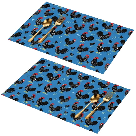 Rooster and Bird Blue Pattern PVC Woven Placemats Set Of 2, Outdoor ...