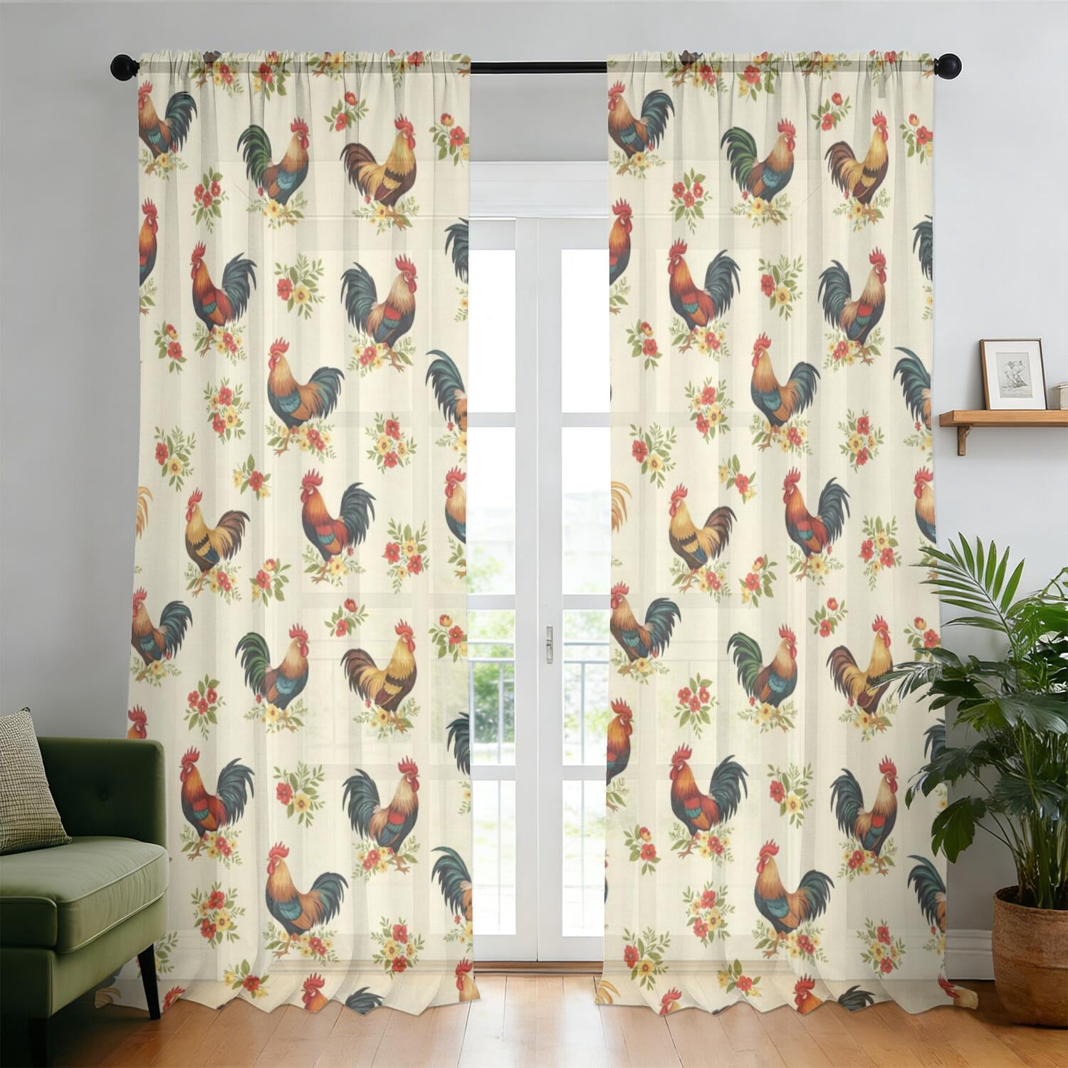 Rooster and Bloom Cream Pattern Sheer Curtains, Sheer Window Panels ...