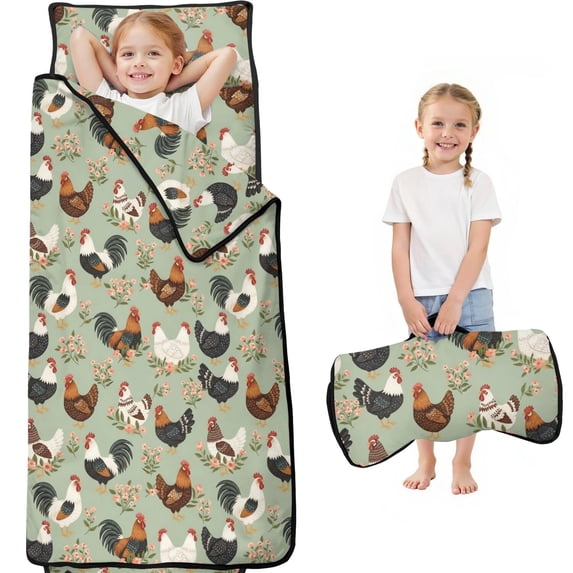 Rooster and Blossom Grey Pattern Teens Toddler Nap Mat with Pillow, Sleeping Mat Bag for Preschool Daycare 59"x22"